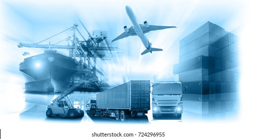Logistics global technology transportation concept, Container Cargo ship and Cargo plane with working crane bridge in shipyard at sunrise, logistic import export and transport industry background