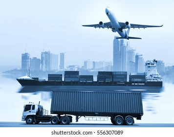 Logistics  global transportation concept. Maritime and land transport,  air transport on world map background use for import export shipping industry 