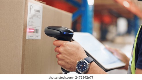 Logistics, hands and man scanning barcode in warehouse with tablet for price or serial number. Cardboard, package and closeup of male cargo worker with digital technology for inventory in storage.