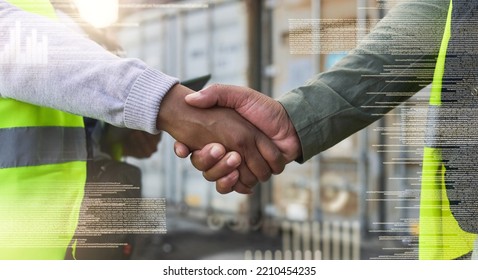 Logistics Handshake, Construction Team Or Black Workers Doing B2b Business At Distribution Warehouse. Shipping Employees With Welcome, Networking Or Partnership Meeting At Container Factory Storage