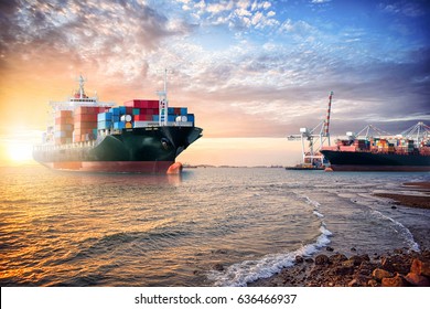 Logistics import export background of Container Cargo ship in the ocean at sunset sky, Freight Transportation - Shutterstock ID 636466937