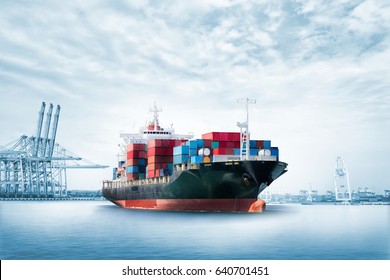 Logistics import export background of Container Cargo ship in seaport on blue sky, Freight Transportation