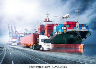 Logistics import export background and transport industry of Container Cargo freight ship at sunset sky