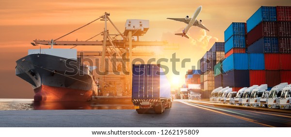 Logistics import export\
background and transport industry of Container Cargo freight ship\
and Cargo plane background, Truck transport container on the road\
to the port