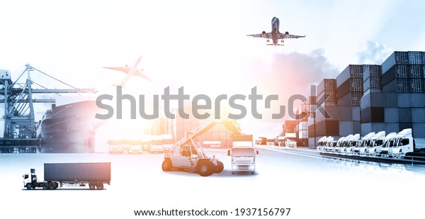 Logistics import export
background and transport industry of Container Cargo freight ship
and Cargo plane background, Truck transport container on the road
to the port