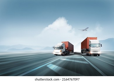 Logistics import export and cargo transportation industry concept of Container Truck run on highway road at sunset blue sky background with copy space, cargo airplane, moving by motion blur effect - Shutterstock ID 2164767097