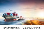 Logistics import export of containers cargo freight ship, truck transport with red container on highway at port cargo shipping dock yard background, copy space, plane, transportation industry concept
