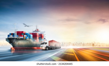 Logistics import export of containers cargo freight ship, truck transport with red container on highway at port cargo shipping dock yard background, copy space, plane, transportation industry concept
