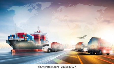 Logistics import export of containers cargo freight ship, truck transport with red container on highway at port cargo shipping dock yard background, copy space, plane, transportation industry concept - Shutterstock ID 2135840177