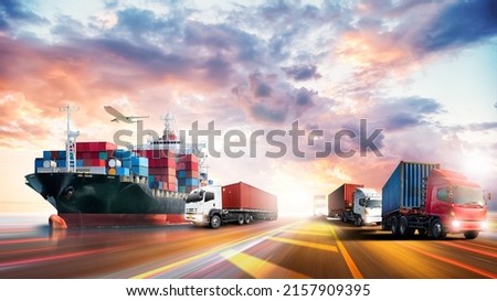 Logistics import export of containers cargo freight ship, truck transport with red container on highway at port cargo shipping dock yard background, copy space, plane, transportation industry concept