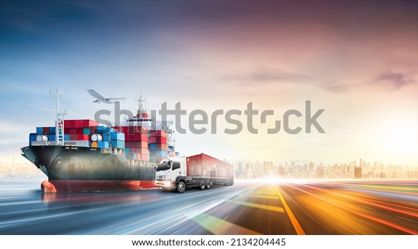 Logistics import export of containers cargo\
freight ship, truck transport with red container on highway at port\
cargo shipping dock yard background, copy space, plane,\
transportation industry\
concept