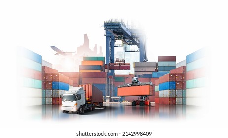 Logistics import export and International transportation of forklift handling container loading box to the freight cargo truck at container yard storage on city white background with copy space, plane - Powered by Shutterstock