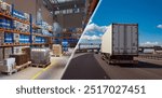 Logistics industry. Storage and transportation of goods. Truck is carrying goods from warehouse. Storage with barrels on racks. Cargo van is driving down road. Logistics business. Cargo delivery