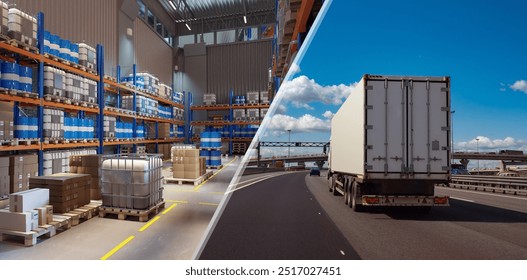 Logistics industry. Storage and transportation of goods. Truck is carrying goods from warehouse. Storage with barrels on racks. Cargo van is driving down road. Logistics business. Cargo delivery