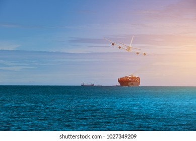 Logistics And International Shipping Containers, Cargo Vessels And Air Planes In The Night Sky, Ocean Freight Transportation.