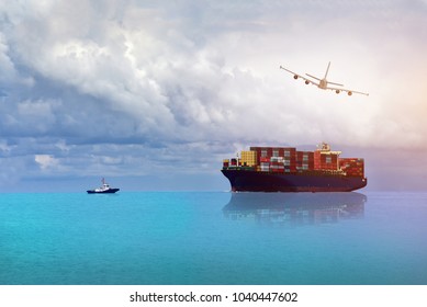 Logistics And International Shipping Containers, Cargo Vessels And Air Planes In The Night Sky, Ocean Freight Transportation.