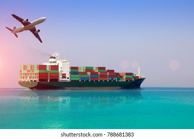 Logistics And International Shipping Containers, Cargo Vessels And Air Planes In The Night Sky, Ocean Freight Transportation.