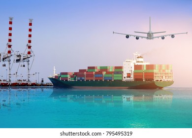 Logistics And International Shipping Containers, Cargo Ship And Air Planes In The Night Sky, Ocean Freight Transportation On Sunset Background