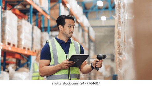 Logistics, man and tablet in warehouse with scanning, stock and price for quality control in supply chain or freight. Male person, industrial and safety in manufacturing, shipping in trade for export - Powered by Shutterstock