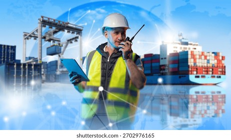 Logistics manager coordinates cargo operations at seaport using tablet and radio communication. Container shipping management and global transport control.