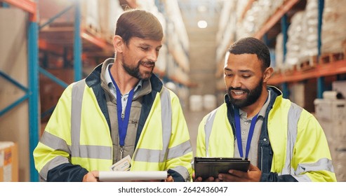 Logistics, men or discussion with tablet in warehouse for quality control, supply chain or shipping. Engineers, teamwork and digital app for delivery tracking, stock management and cargo inspection
