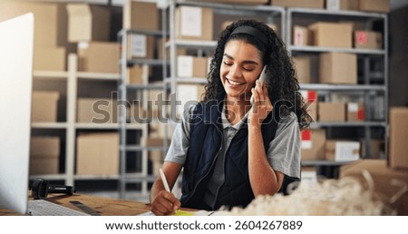 Logistics, notes and courier with phone call for delivery, distribution and inventory for ecommerce. Woman, warehouse and supply chain with distributor for order planning, shipping or supplier stock
