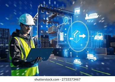 Logistics operations engineer manages container terminal workflows, tracking cargo movement on laptop, coordinating loading processes, digital supply chains, and port automation systems.