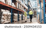 Logistics, people and back with stock in warehouse for supply chain, distribution and inspection. Dropshipping, storage and workers by shelf for inventory management, training and global export plan