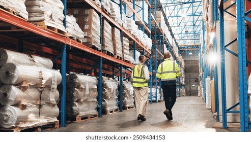 Logistics, people and back with stock in warehouse for supply chain, distribution and inspection. Dropshipping, storage and workers by shelf for inventory management, training and global export plan - Powered by Shutterstock