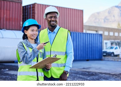 Logistics, Planning And Employees Talking About Cargo Delivery While Working Together At A Port. Industrial Team Speaking About Shipping Of Stock And Inspection Of Container At An Outdoor Warehouse