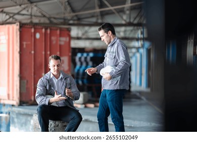Logistics professionals using digital tools to manage cargo operations. Great for online platforms, freight tracking, and enterprise supply chain solutions.