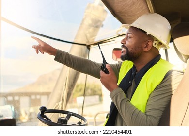 Logistics, Radio Communication And Delivery Truck Driver Or Forklift Operator In Shipping Container Yard. Industrial Cargo Area, Black Man In Safety Gear And Driving Cargo For Global Export Company.