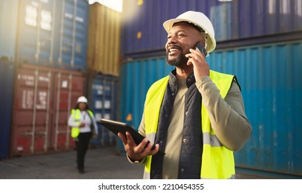 Logistics, shipping and construction worker on the phone with tablet in shipyard. Transportation engineer on smartphone in delivery, freight and international distribution business in container yard - Shutterstock ID 2210454355