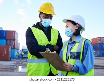 Logistics, Shipping And Team With Mask For Covid Safety With A Checklist For Cargo Inventory On A Port. Export Of Delivery Or Supply Chain Management Of International And Global Stock Distribution