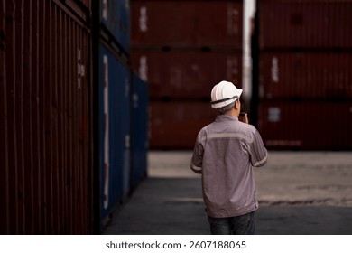 A logistics supervisor in a hard hat and uniform communicates via radio while holding a clipboard at a busy shipping yard. Industrial operations and transportation management in action.