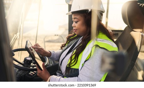 Logistics, Tablet And Black Woman In Crane In Shipping Plant, Manufacturing Supply Chain Or Ecommerce Delivery Warehouse. Thinking Industrial Manager, Engineering Worker And Leader With 5g Technology