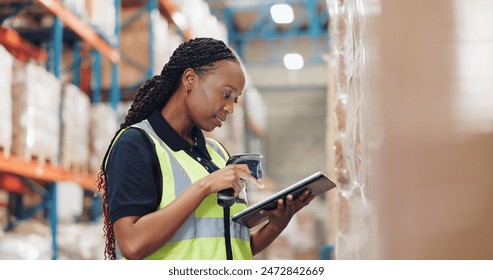 Logistics, tablet and black woman with scanner in warehouse for inspection, inventory check or pricing parcel. Shipping, checklist and employee for distribution, supply chain or quality control