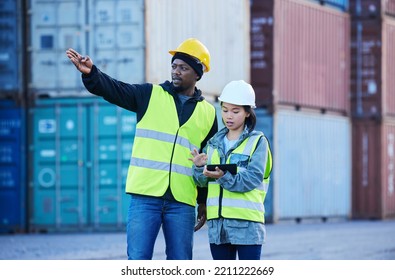 Logistics, Tablet And Employees Working In Shipping And Doing Inspection On A Container At A Port. Team Of Industrial Workers Talking And Planning Cargo Freight On Mobile App With Technology At Work