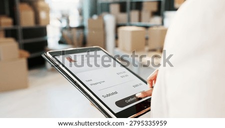 Logistics, tablet screen or hands in warehouse with checkout, payment or app notification. Entrepreneur, person or tech in small business for ecommerce, customer experience or online shopping service