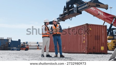 Logistics, team and planning at container yard for supply chain, inspection and checklist. Men, workers and discussion at port for shipping freight, clipboard or export cargo in industry with space