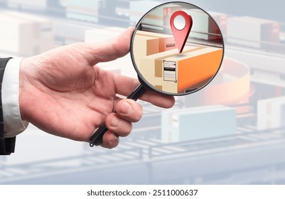 Logistics technologies. Parcel under magnifying glass. Boxes on conveyor. Hand with loupe analyzes logistics process. Delivery control. Study logistics technologies. Fulfillment distribution center - Powered by Shutterstock