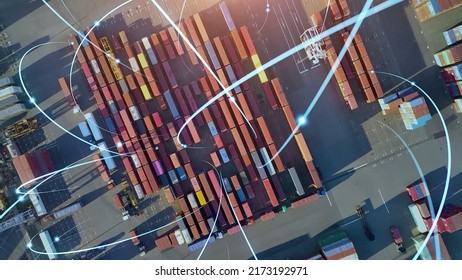 Logistics technology concept. Container yard and communication network.  - Shutterstock ID 2173192971
