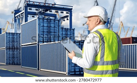 Logistics terminal, Container yard operations. Supervisor in safety vest checks documents while inspecting stacked shipping containers and cargo handling area.