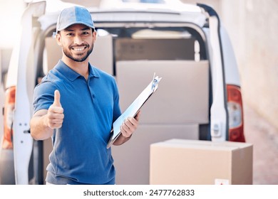 Logistics, thumbs up and delivery man in portrait with clipboard, checklist and inspection of orders. Outdoor, male employee and hand gesture for thank you, distribution and shipping service by van - Powered by Shutterstock