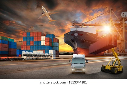 Logistics and transportation of Container Cargo ship and Cargo plane with working crane bridge in shipyard at sunrise, logistic import export and transport industry background