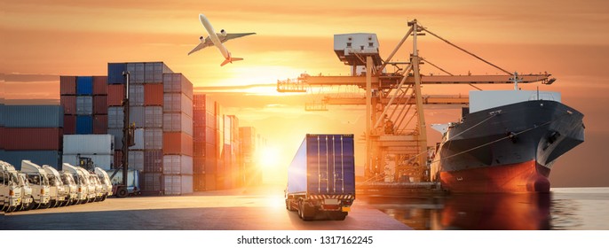 Logistics and transportation of Container Cargo ship and Cargo plane with working crane bridge in shipyard at sunrise, logistic import export and transport industry background