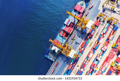 Logistics And Transportation Of Container Cargo Ship And Cargo Import/export And Business Logistics, Shipping , Top View ,Aerial View From Drone