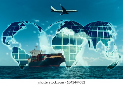 Logistics And Transportation Container Cargo Ship With Tugboat In The Ocean, Freight Transportation, Shipping.