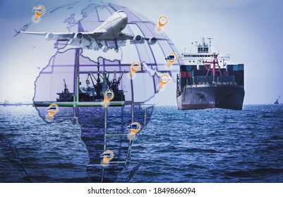 Logistics And Transportation Container Cargo Ship With Tugboat In The Ocean, Freight Transportation, Shipping.