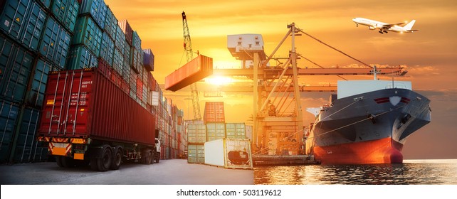 Logistics   transportation Container Cargo ship   Cargo plane and working crane bridge in shipyard at sunrise  logistic import export   transport industry background